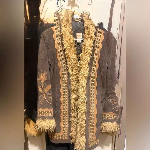 Penny Lane Massini Brown Embroidered suede, leather vintage Jacket with Faux Fur - Picture 1 of 16